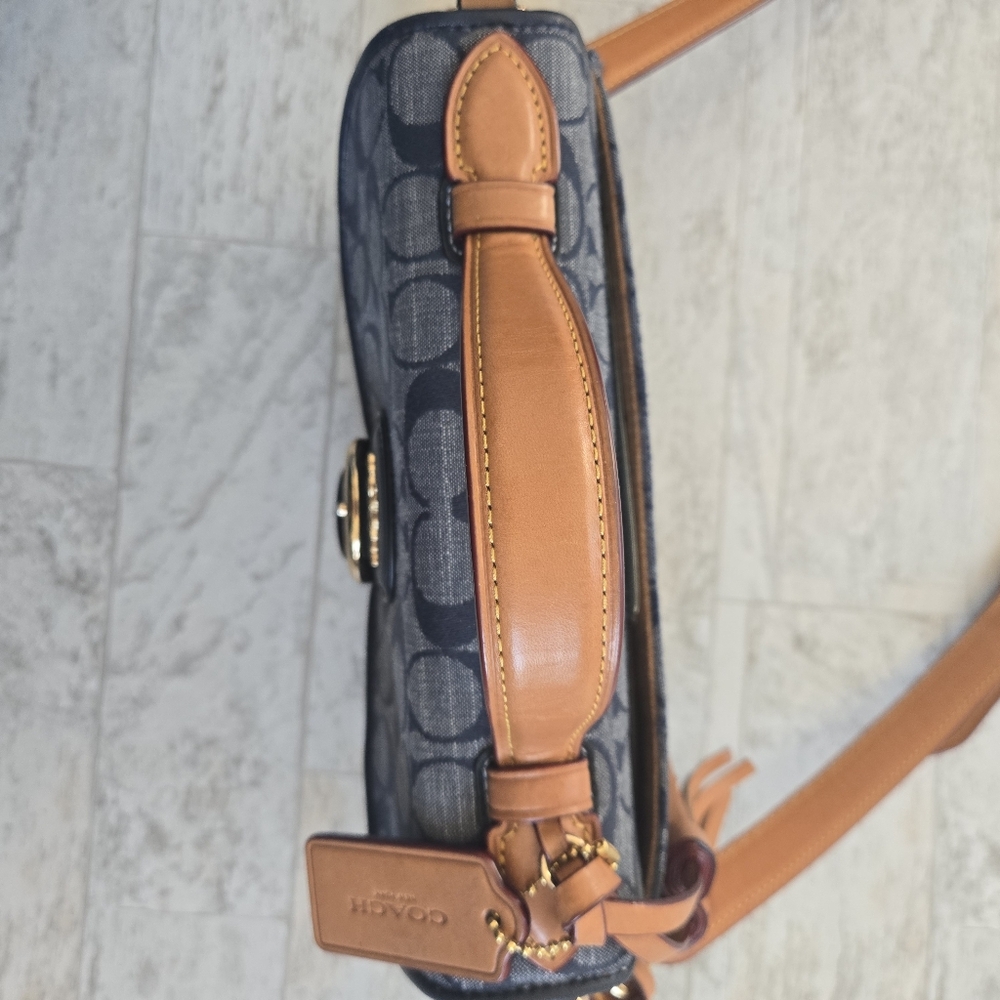 Coach Navy Signature Canvas Crossbody with Tan Leather Trim - Picture 7 of 14